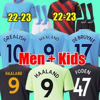 22 23 Haaland Soccer Jerseys Grealish Sterling Mans Cities Cities Mahrez Fans Version De Bruyne Foden 2022 2023 футбольные топы рубашка детские комплекты комплект