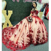 burgundy 3D Flowers Appliques Lace Quinceanera Dress Ball Go...