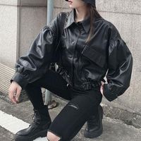 Женская кожаная корейская черная куртка мото