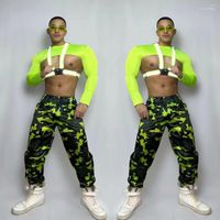 Stage desgaste muscular masculino traje sexy de hip hop pólo de dança calças de camuflagem fluorescente tops de bandagem rave show de performance roupas de performance
