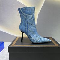 Medusa denim ayak bileği botları moda tasarımcısı karışık renkler 10 cm yükseklikte ayakkabılar klasik metal toka stiletto bot arka fermuar kadın patik 35-42