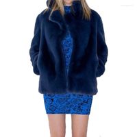 Женский мех имитированный куртки Женщины зима 2022 синий фальшивый лацка