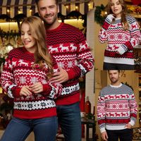 여자 스웨터 여성 남자 커플 크리스마스 가족 두꺼운 따뜻한 캐주얼 둥근 목 니트웨어 옷 크리스마스 엘크 눈송이 패턴 탑