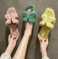 Women Green Fur Slippers Towel Style Sliders Classics Warm S...
