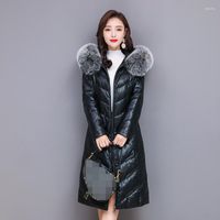 Kadınlar Deri Kış Yüksek Kaliteli Aşağı Ceket Kadın 2022 Sokak İnce Fit Kürk Yaka Uzun Palto Sıcak Ceket Artı Boyut