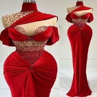 2022 ￁rabe Aso Ebi Red Mermaid Prom Vestidos de Cristais de Mindedes Sexy Evening Festa formal Segunda recep￧￣o Vestidos de noivado de anivers￡rio ZJ325