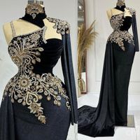 2022 ￁rabe Aso Ebi Black Velvet Prom Dresses Cristais Festa de renda de renda de renda Segunda recep￧￣o Vestidos de noivado de anivers￡rio ZJ210