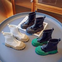 BOOTS 2022 Ön fermuarlı yüksek üst çocuk ayakkabıları kız için parlak ve pürüzsüz pu deri çocuk botları İngiltere tarzı prenses ayakkabılar f09044 t221027