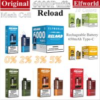 Reload elfworld d'origine 6000 Puffes E Cigarettes 6K Puffle jetable Vape Pen Rechargeble 650mAh Battery Mesh Coil 12ml