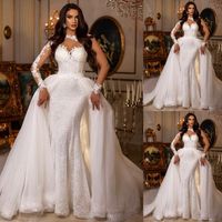 Sexy Mermaid Wedding Dress Illusion Jewel Neck Long Sleeve L...