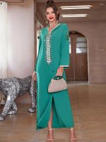 فساتين غير رسمية Galabiyas للنساء رداء Femme Diamond Vintage Hooded A-LINE Long Maxi Dress Sleeve Dubay Abaya Ramadan 2022