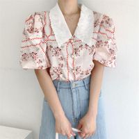 Camisa de cuello bordado de gasa de chifón floral