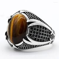 Cluster Rings Islamic Men Ring With Tiger Eyes Stone 925 Sil...