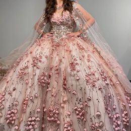 Luxury Pink Sweet 16 15 Dresses Quinceanera Gown 3D Floral Applique Crystal With Cape Ball Skirt Women Occasion Party Prom Dress