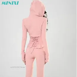 Women's Two Piece Pants Pink Sweet 2 Pcs Sets For Women Hooded Sweater & Casual Suit Autumn Slim Sports Set Solid Trousers Clothes