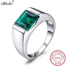 100% Real 925 Sterling Silver Rings For Men Women Square Green Emerald Blue Sapphire Birthstone Wedding Ring Fine Jewelry245S334o