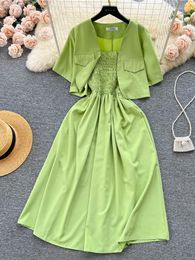 Work Dresses Summer Women Vintage Two Piece Set Green/Blue/Red/Yellow Elegant Short Cardigans Spaghetti Strap Dress Suit 2Pcs Fashion