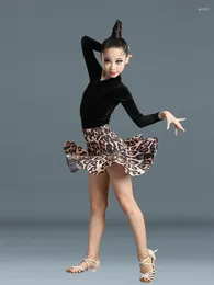 Stage Wear Children Leopard Latin Dance Practise Waltz 2pcs Suit Modern Belly Costume Classical Long Sleeves Top Jazz Ruffle Skirt Set