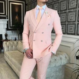 Men's Suits Pink Formal For Men Blazer Double Breasted Flat Peaked Lapel Tailor-made Loose 2 Piece Jacket Pants Luxury Clothing Balzer