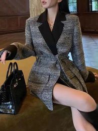 Women's Suits LJHLJX Bright Silk Woven Mid-length Blazer Coat For Women 2024 Spring Autumn Trend Lace-up Waist Coarse Jacket Female AH526
