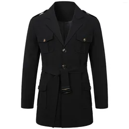 Men's Trench Coats 2024 Spring Autumn Windbreak Overcoat Men Solid Colour Button Pockets Slim Long Sleeve With Belt For