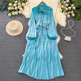 Casual Dresses Fashion Lantern Sleeve Slim Single Breasted Maxi 2024 Spring High-grade Women Clothes Elegant Ladies Bright Robe