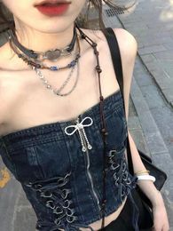 Women's Tanks 2024 Summer Vintage Y2k Denim Corset Woman Sexy Slim Sleeveless Crop Tops Casual Backless Korean Fashion Vest Bandage Design