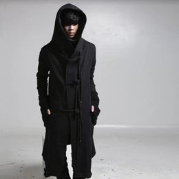 Winter men linen rope button hip hop long hoodie gothic hooded cloak nightclub DJ singer punk rock stage costume fleece hoodies 231229