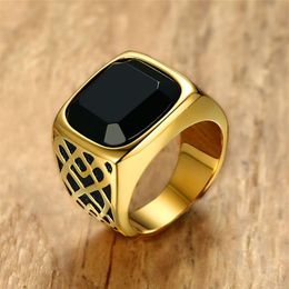 Men Square Black Carnelian Semi-Precious Stone Signet Ring in Gold Tone Stainless Steel for Male Jewelry Anillos Accessories257H