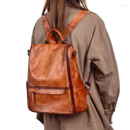 School Bags Vintage Large Capacity Women Backpacks 2024 Winter Brown Anti Theft Genuine Leather Backpack Cowhide Woman Travel Luxury Bagpack