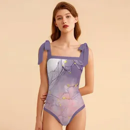 Women's Swimwear Purple Tie-Dye Textured Printed Bikini Two-piece Square Neck Strap Swimming Pool Wear Halter High Waist 2024 Beach Dress