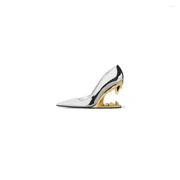 Dress Shoes 2024 Spring/Autumn Fashion Women's High Irregular Heel Pointed Toe Shallow Pumps Catwalk Shows Metal