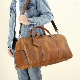 Duffel Bags Genuine Leather Men's Bag Retro Travel Weekend Handbag Messenger Luggage With Shoe Compartment