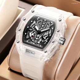 Wristwatches Drop Men's Tonneau Watches Fashion Sport Luminous Quartz Timepiece Special Transparent Case White Man Watch Without Logo