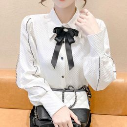 Women's Blouses French Style Bow Ruffles Spliced Shirt Spring Autumn Commute Single-breasted Clothing Elegant Formal Polo-Neck Blouse