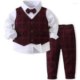 Clothing Sets Spring Fall Toddler Boy Clothes Set Korean Fashion Plaid Gentleman Baby Tops Vest Pants Tie Children Boutique BC1049-1