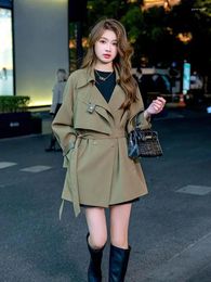 Women's Trench Coats 2024 Autumn Green Elegant Vintage Wear European American Style Versatile Short Windbreaker Coat Simple Fashion Trend