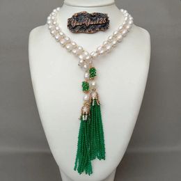 Y.YING 51'' Cultured White Rice Pearl Green Jade Tassel CZ Pave Pendant Long Necklace 231229