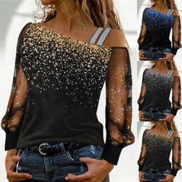 Women's T Shirts Casual Gradient Sequin Print Mesh Long Sleeve Patchwork Top