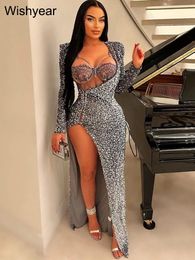 year Elegant Christmas Birthday Celebrity Party Long Dress for Women Sexy High Split Sequins Lace Prom Evening Wedding Robe 231229