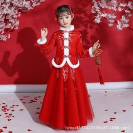 Girl Dresses Girls Dress For 4-14T Year 2024 Plus Velvet Thick Embroidered Chinese National Style Cheongsam Two Pieces Kid Winter Clothes