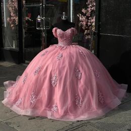 Pink Sweetheart Ball Gown Beaded Off the Shoulder Quinceanera Dress Princess Corset Dresses Appliques Lace Tull Vestidos De 15 Anos