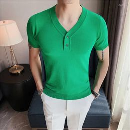 Men's T Shirts 2024 Brand Clothing Leisure Men Short Sleeves Knitting T-shirts/Male Slim Fit V-Neck Business Casual T-Shirts/Plus Size S-4XL