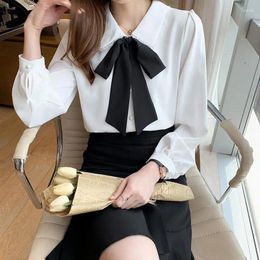 Women's Blouses Long Sleeve French Style Puff Shirt Woman Spring Autumn Doll Collar Ribbon Bowknot Solid Color Chiffon Women