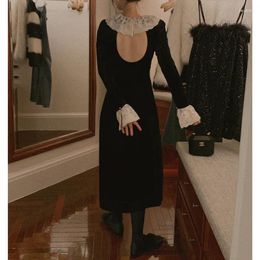 Casual Dresses French Backless Lace Lotus Leaf Collar Black Velvet Dress Elegant Long Sleeve Vintage Wedding Party Women Autumn Winter