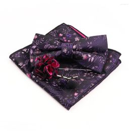 Bow Ties Gracefully Polyester Handkerchief Set Purple Blue Floral Butterfly Bowtie Cufflink Brooch For Party Suit Dress Accessories Gift
