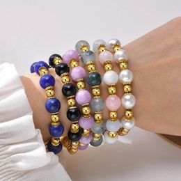 Link Bracelets Colored Natural Stone Beaded Bracelet For Women Vintage Aesthetic Design Stainless Steel Trend Round Hand Chain Fashion