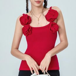 Women's Tanks Y2k Summer Chic Slim Fitted Tank Tops Red Sleeveless 3D Flower Decor Going Out Crop For Party Streetwear