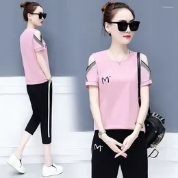 Women's Two Piece Pants Casual Korean Short Suit Summer 2024 Loose Sports Clothes Sleeve T-shirt Capris Pencil Set For Women