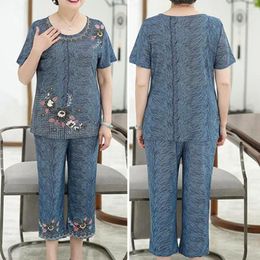 Women's Two Piece Pants Elderly Women T-shirt Suit Ladies Elegant Flower Print Grandma For